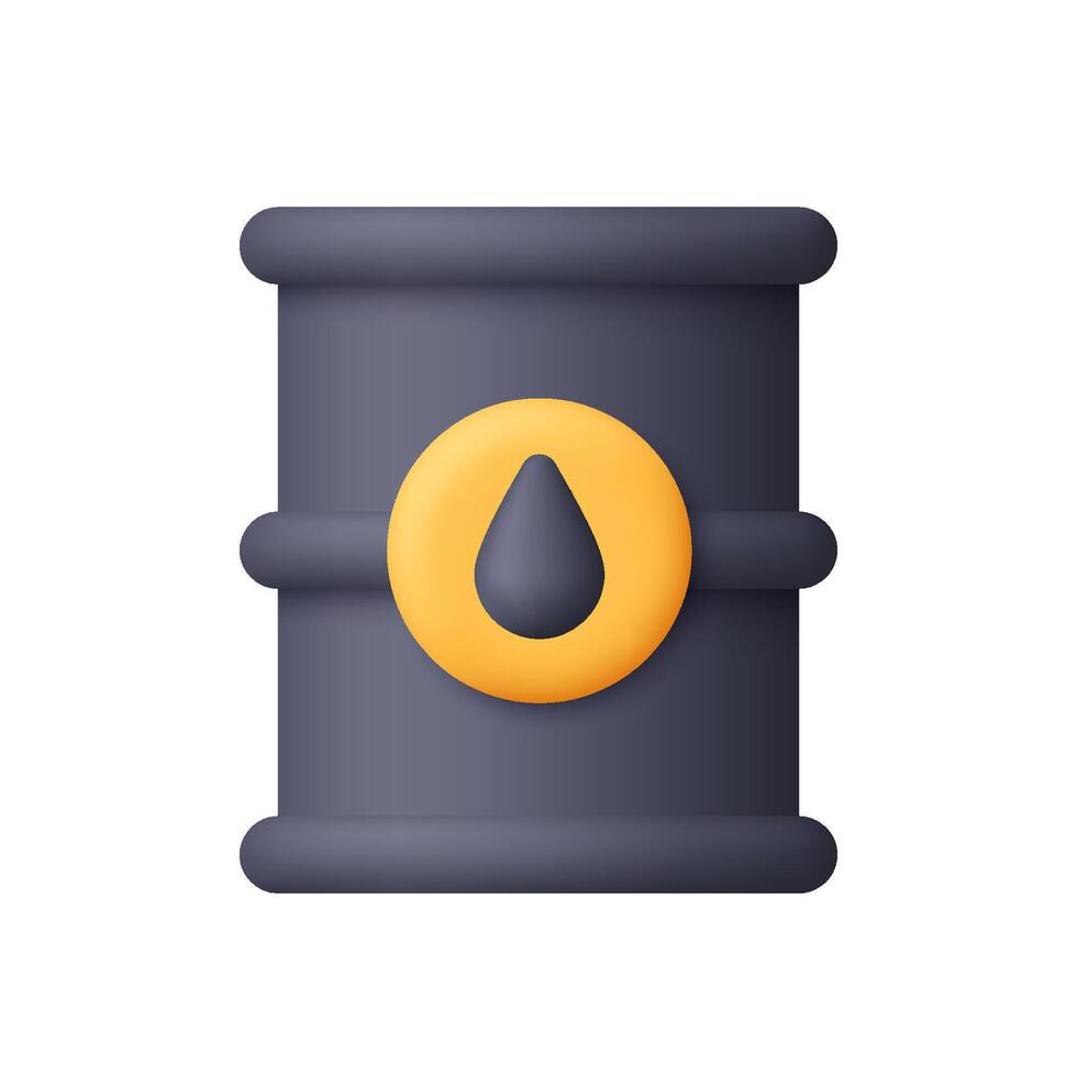 Black oil barrel with a yellow circle and black oil drop symbol. Oil drum container. Oil industry, energy resources and petroleum concept. 3d icon. Cartoon minimal style. vector