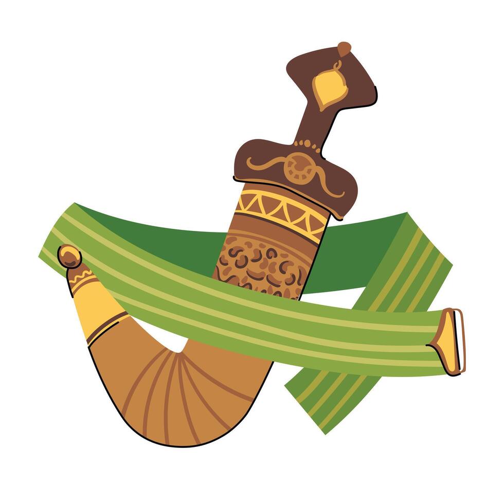 Yemeni Khanjar knife with characteristic curved blade and leather sheath. Traditional element of male costume in Oman. Arabic dagger Jambiya and embroidered belt. Flat style. vector