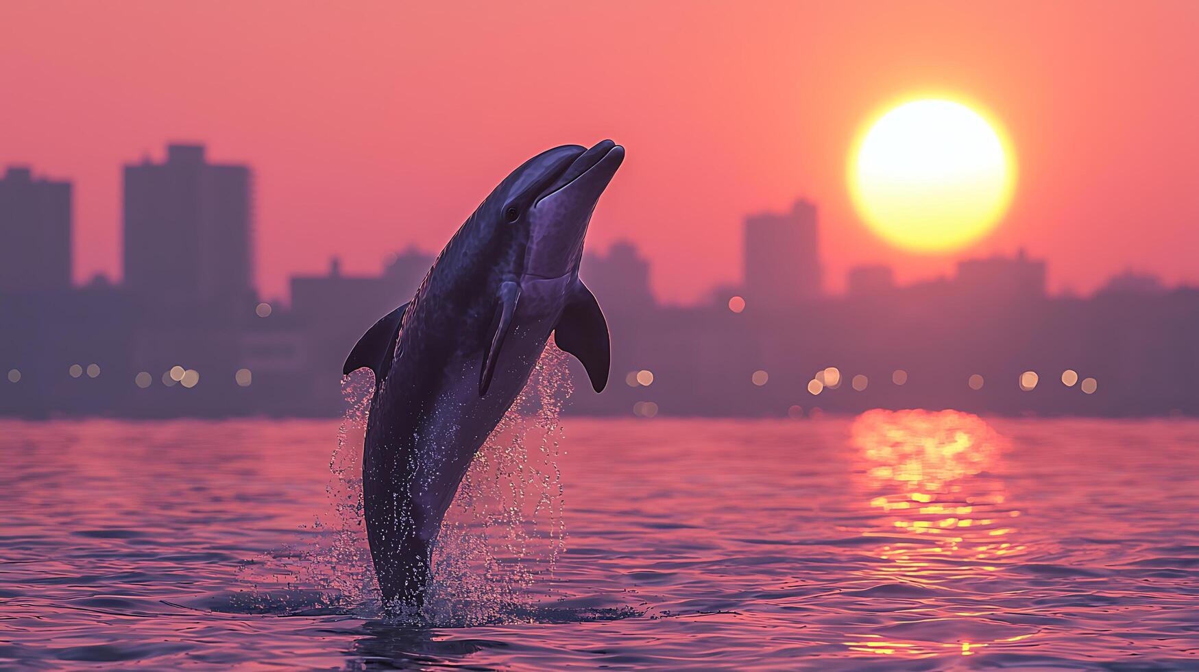 Dolphin Leaps at Sunset Over City Skyline A Stunning Display of Nature and Urban Life. photo