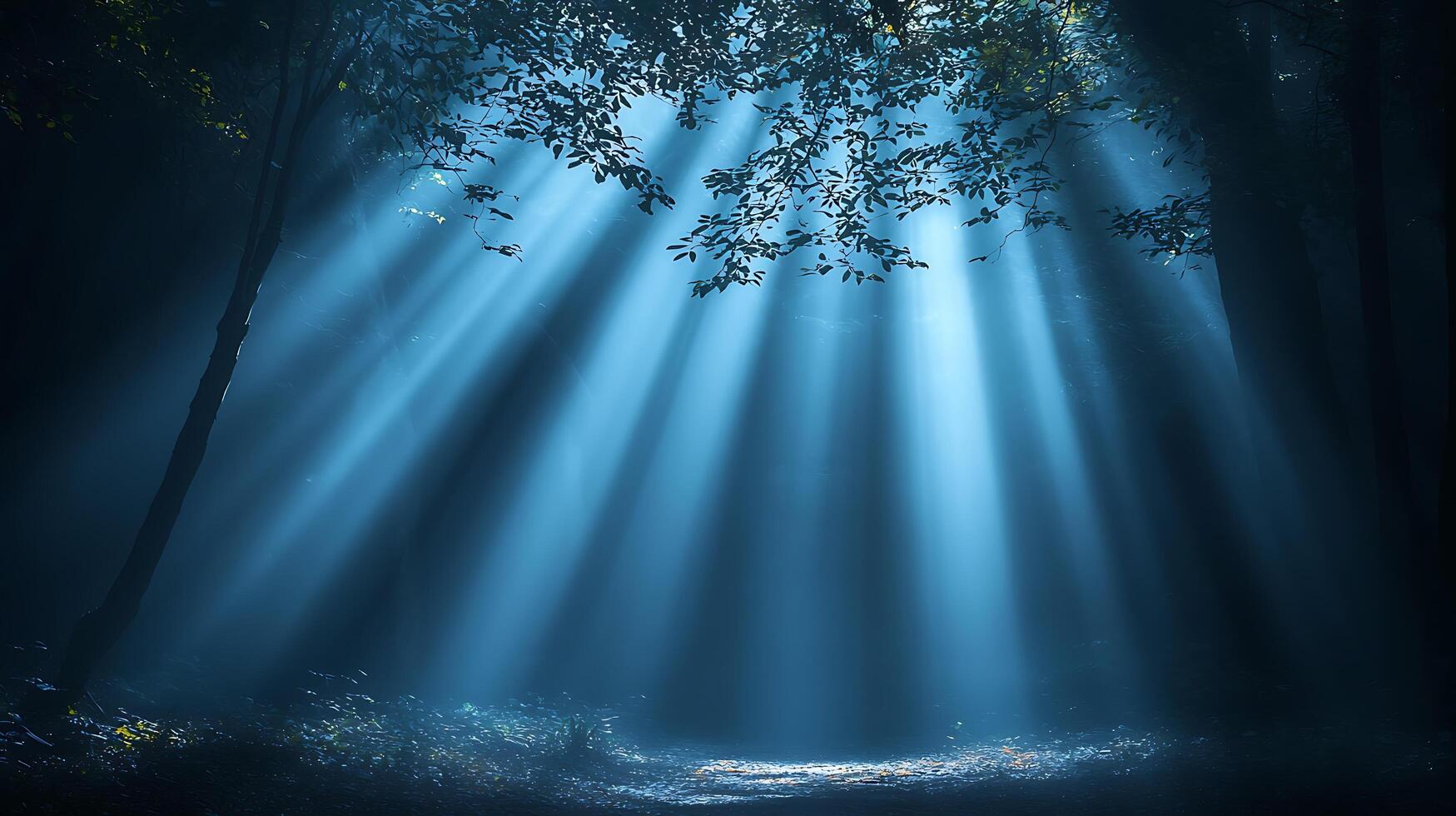 Mystical Forest Sunbeams Illuminating a Dark Woodland Path. A dramatic image perfect for fantasy, mystery, or nature-themed projects. photo