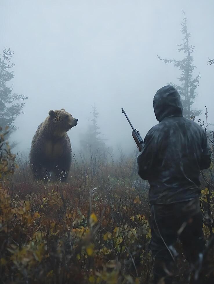 Grizzly Encounter Hunter and Bear Face Off in Misty Forest. photo