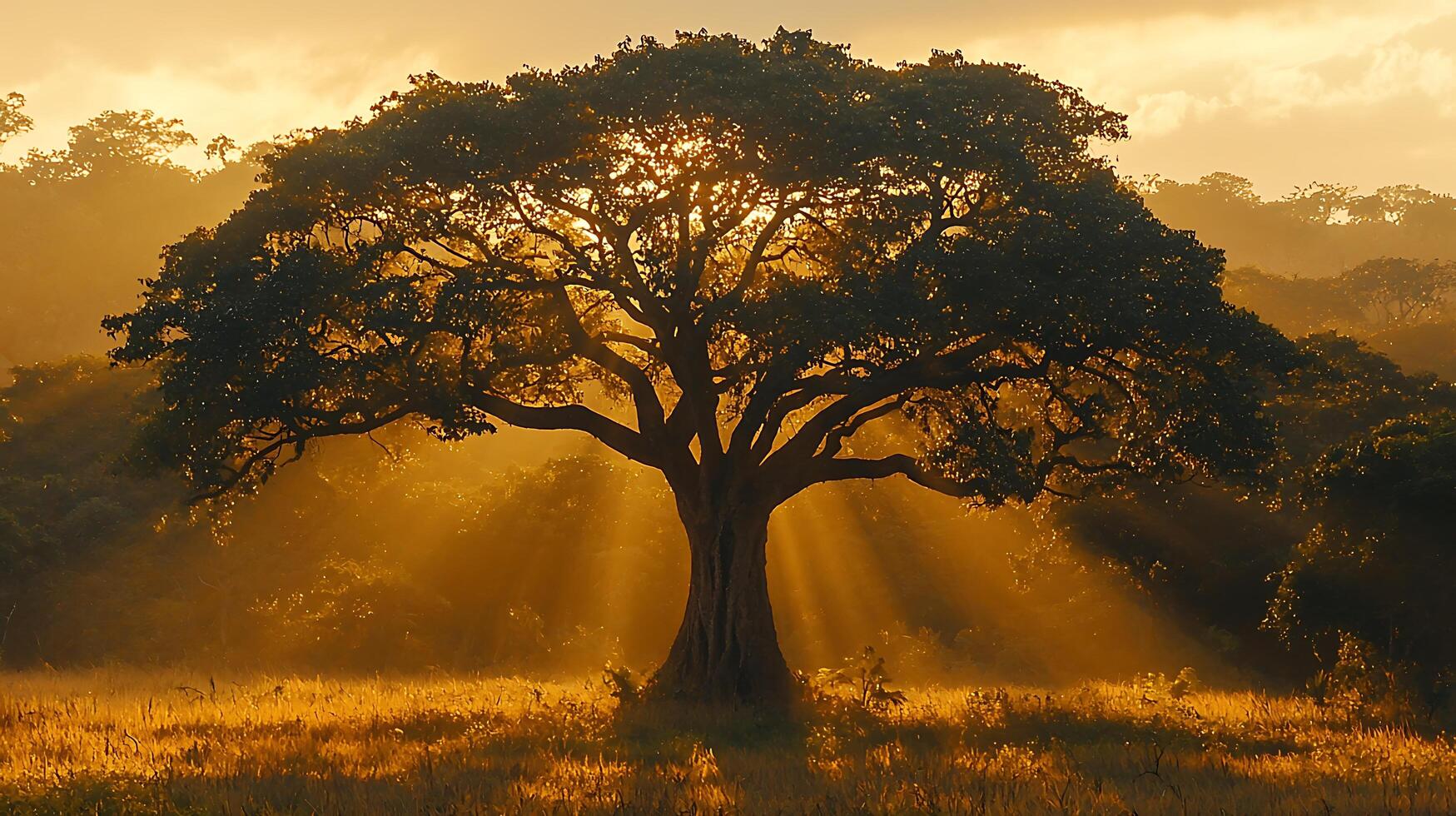 Majestic Tree Silhouette at Sunrise, Golden Hour Landscape. photo