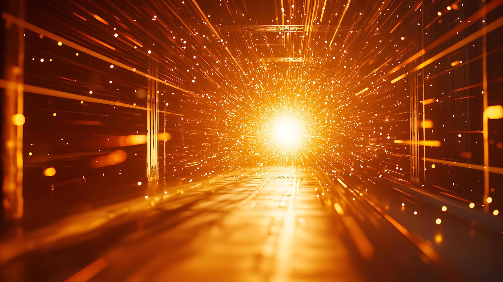 Abstract Glowing Corridor A Burst of Light and Energy. A digital illustration of an abstract tunnel with bright orange light radiating from the center. photo