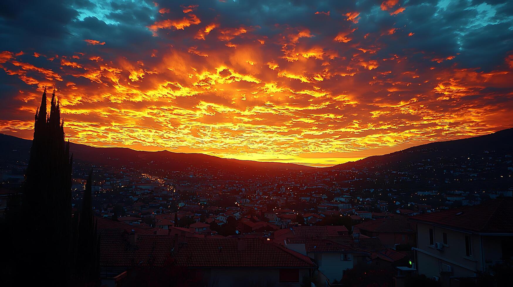 Fiery Sunset over a Cityscape Dramatic Orange and Blue Sky. photo