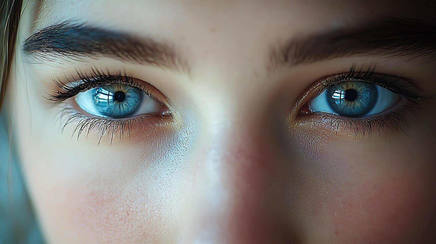 Close-up of a Young Woman's Captivating Blue Eyes. The image showcases the intricate details of her eyelashes and the subtle nuances of her skin. photo
