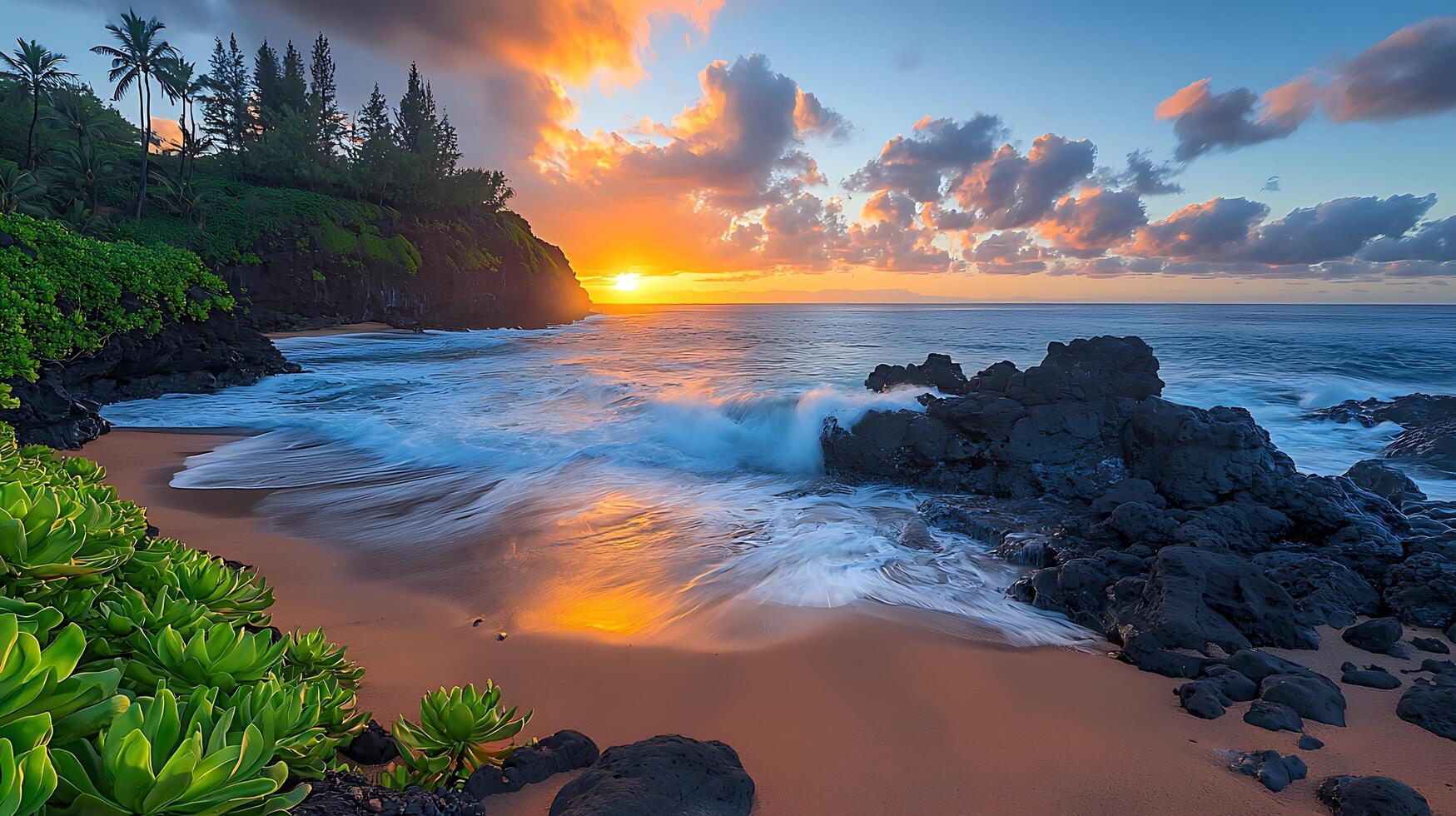 Dramatic Sunset over Tropical Beach with Ocean Waves and Lush Vegetation. A breathtaking image capturing the vibrant colors of a sunset illuminating a secluded cove. photo