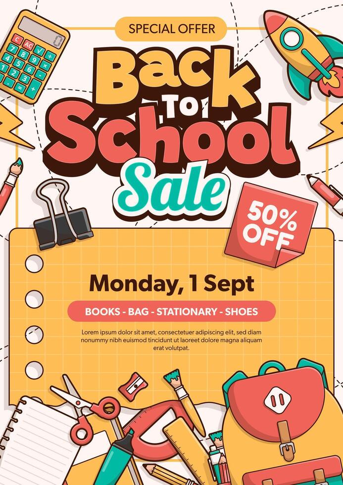 Back to school sale poster with school elements and items. Education banner and poster. vector