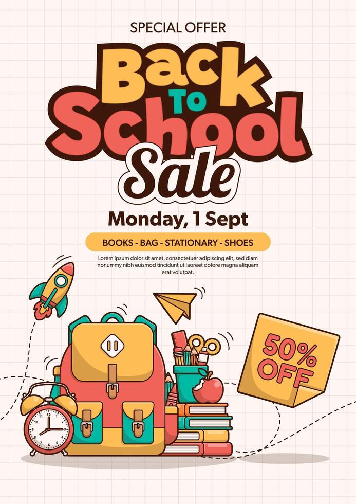 Back to school sale poster template with school elements and items. Education poster template. vector