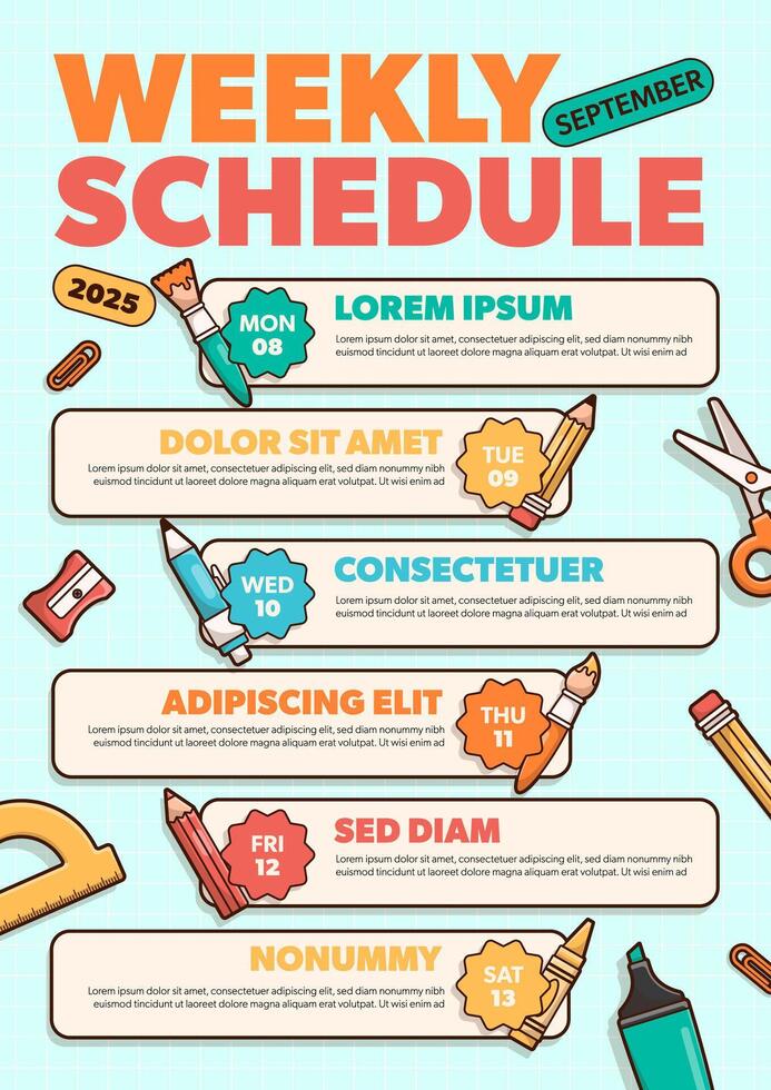 Back to school weekly schedule poster template with school elements and items. vector