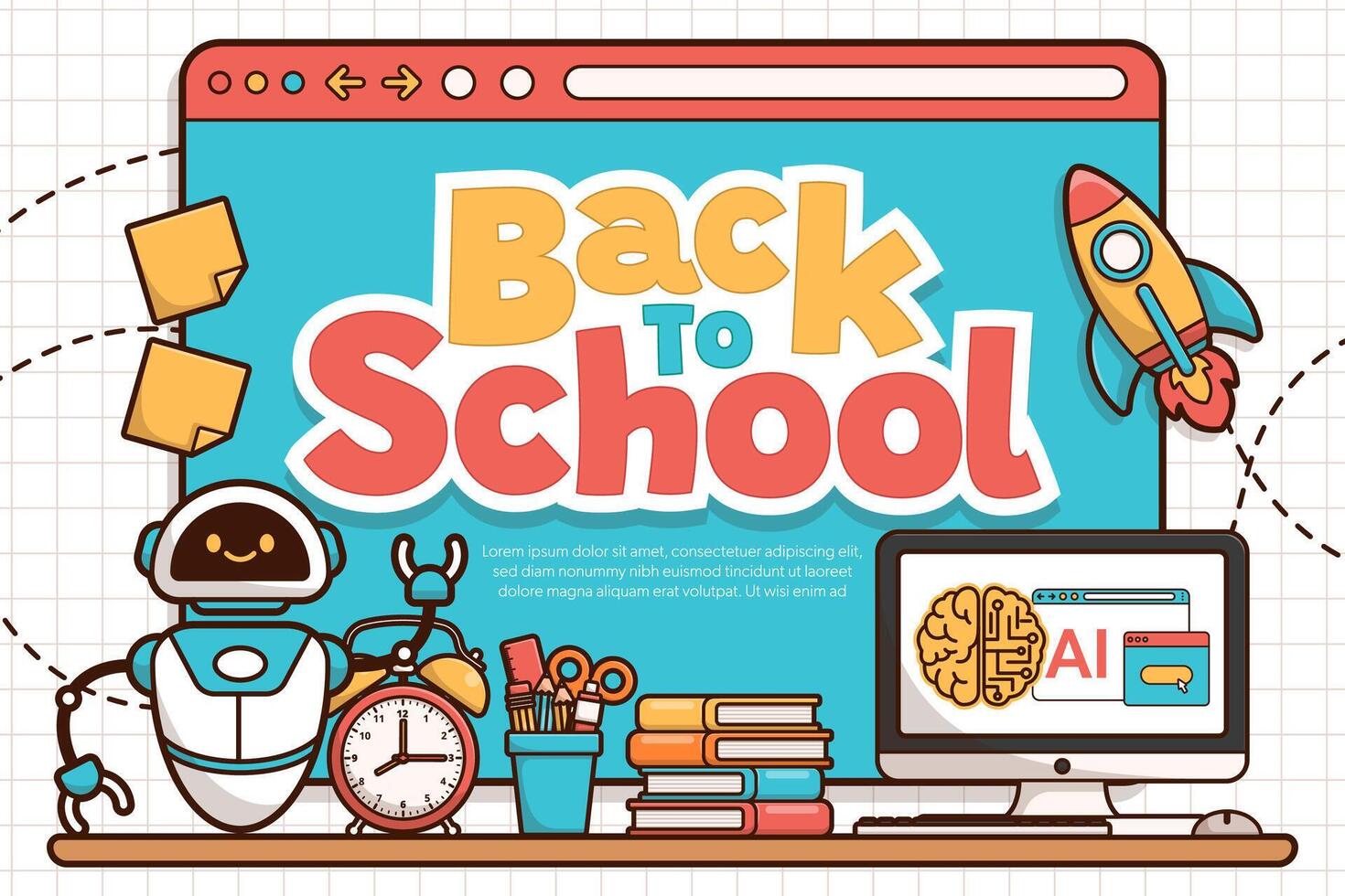 Back to school banner template with school elements and AI illustration. Education banner and poster template vector