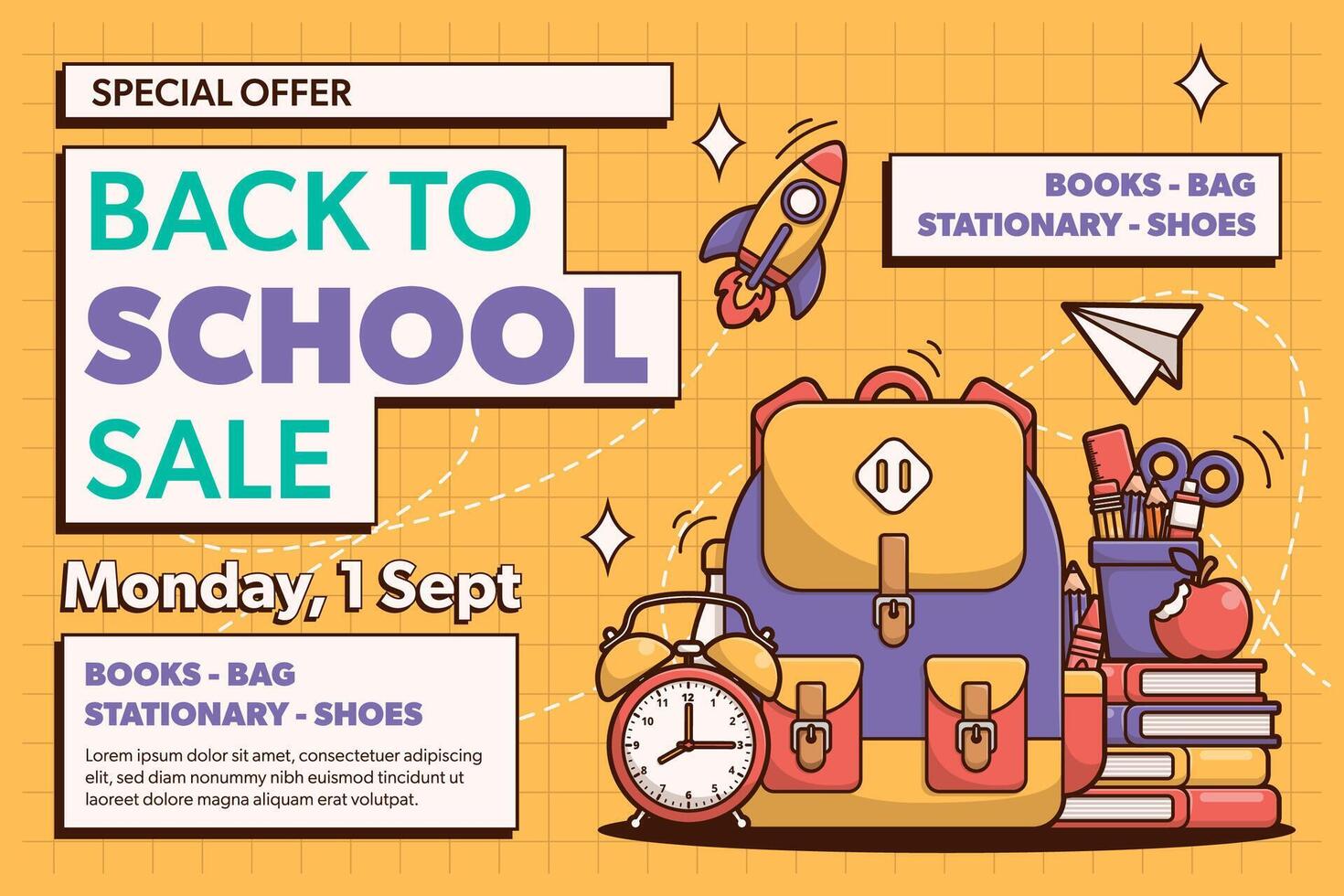 Back to school sale banner template with school elements and items. vector