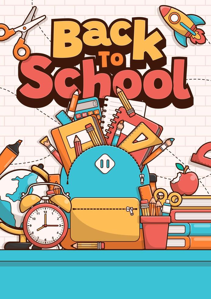 Back to school poster with school elements and items. Education banner and poster. vector