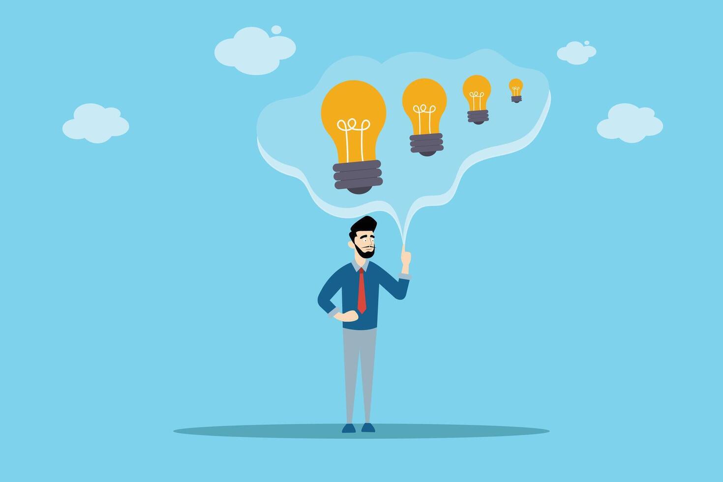 Professional man pointing at glowing light bulbs, representing creative thinking, brainstorming, and innovation in business. vector