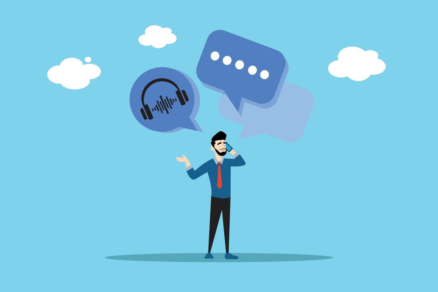 Flat illustration of a businessman making a phone call with speech and audio icons. Concept of communication, customer service, or technical support. vector