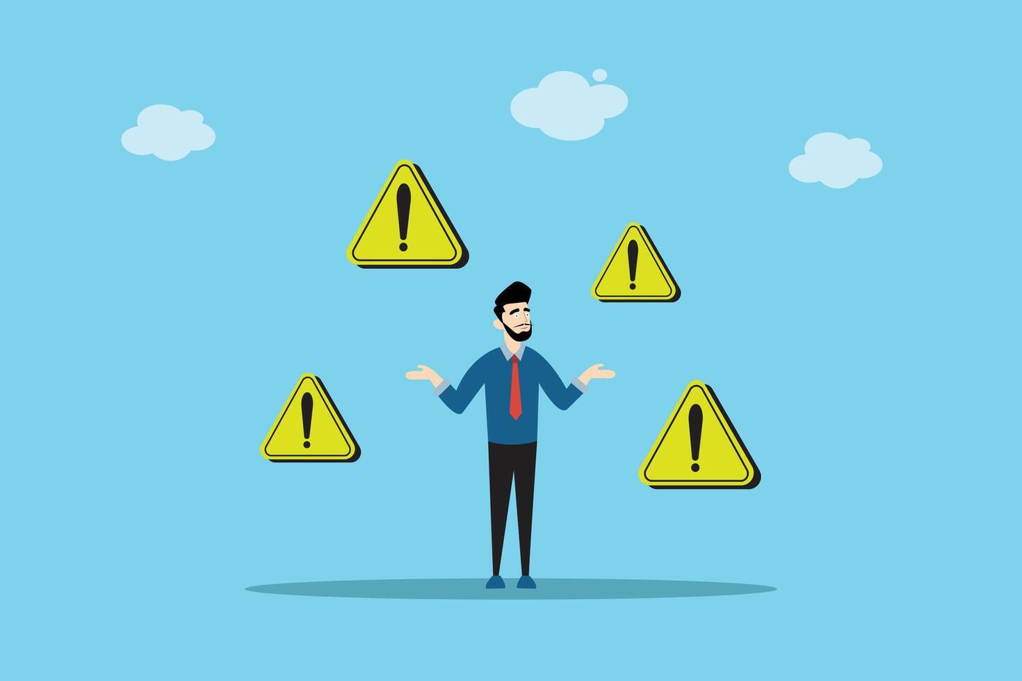 Businessman with multiple yellow warning symbols around, representing risk management, danger, caution, and uncertainty in business. vector