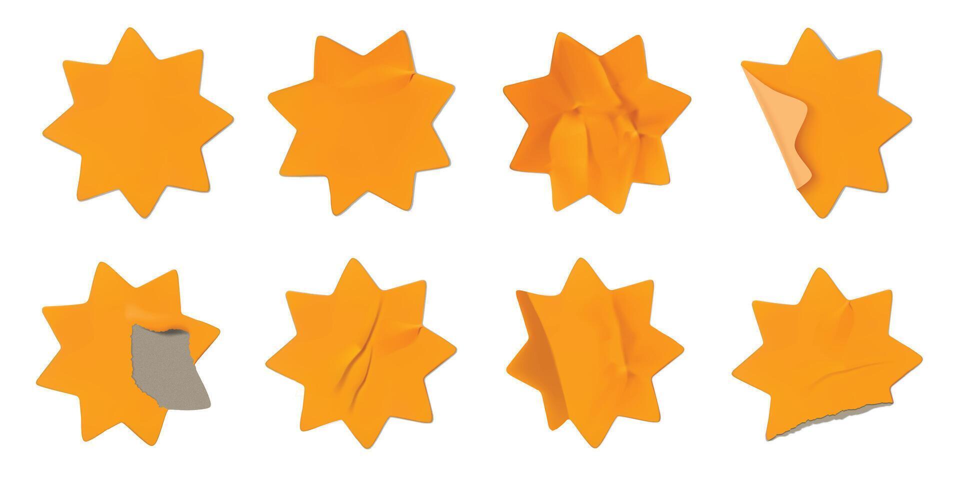 Crumpled paper starburst stickers. Sticky star badge with crumpled texture or torn edges. Wrinkled glued price tag realistic 3D isolated mockup set vector