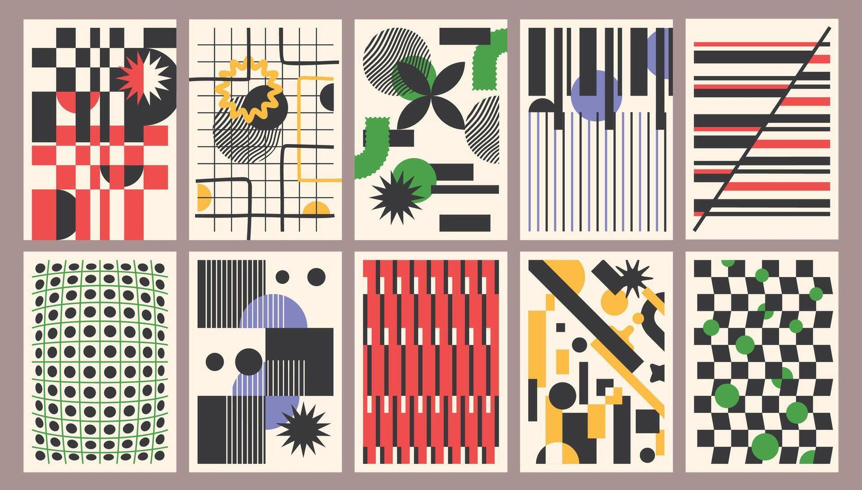 Abstract geometric posters. Contemporary art checkered backgrounds, decorative modern patterns with grid stripes. Trendy wall decor for branding, marketing, social media and interior prints set vector