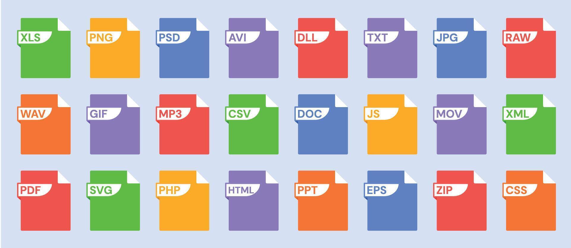 Stencil file format icons with PDF, JPG and MP3, JS and XML, DLL and SVG, CSV and , and DOC labels. File types with document extension for UI and UX. set vector