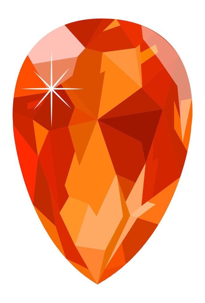Bright orange gemstone with a teardrop shape, shining with an intense sparkle, reflecting light on a clean white background creating a luxurious and elegant image vector