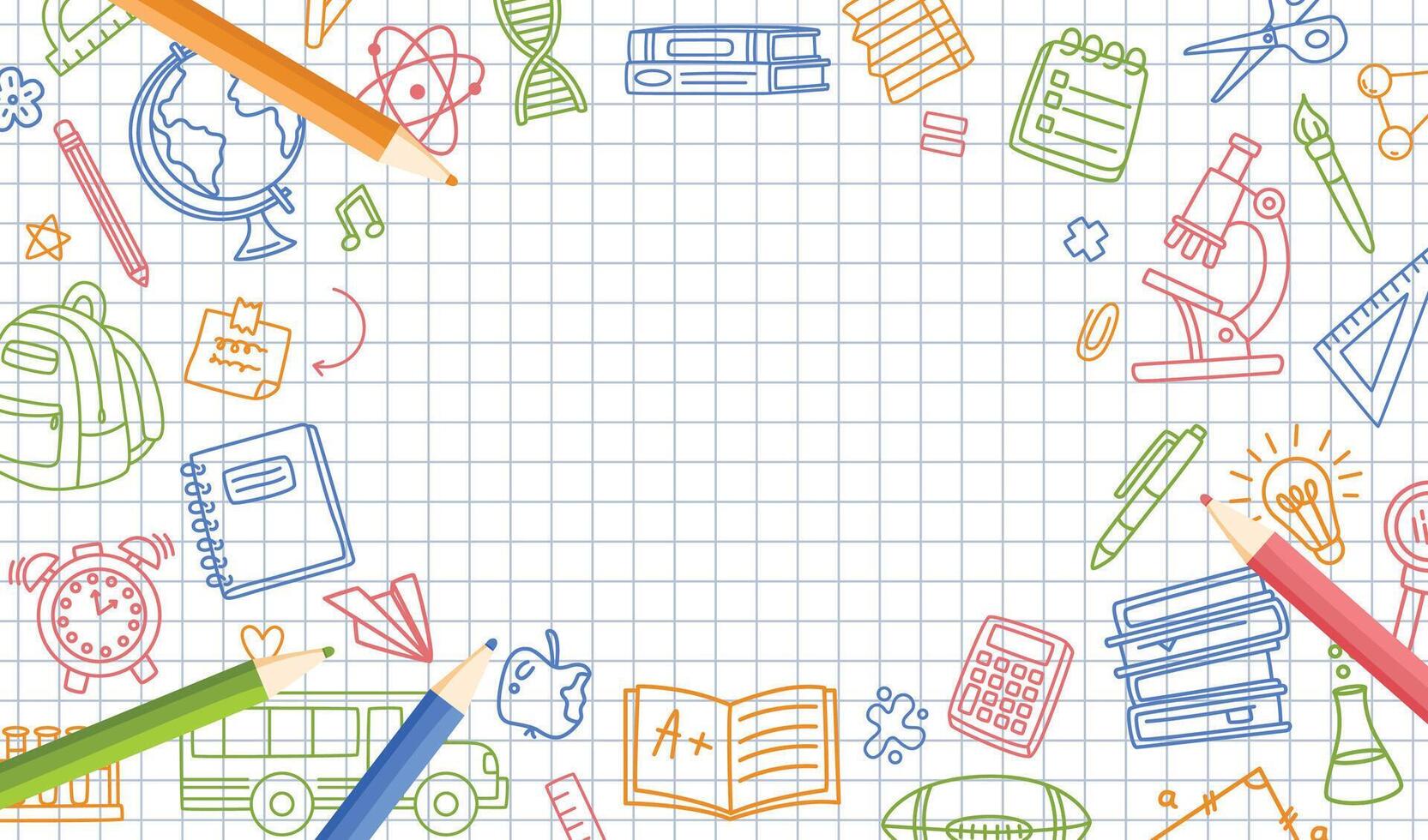 Doodle back to school frame. Educational border with hand drawn school items and colorful pencils on grid paper. Sketch stationery background for classroom, academic or student banner vector
