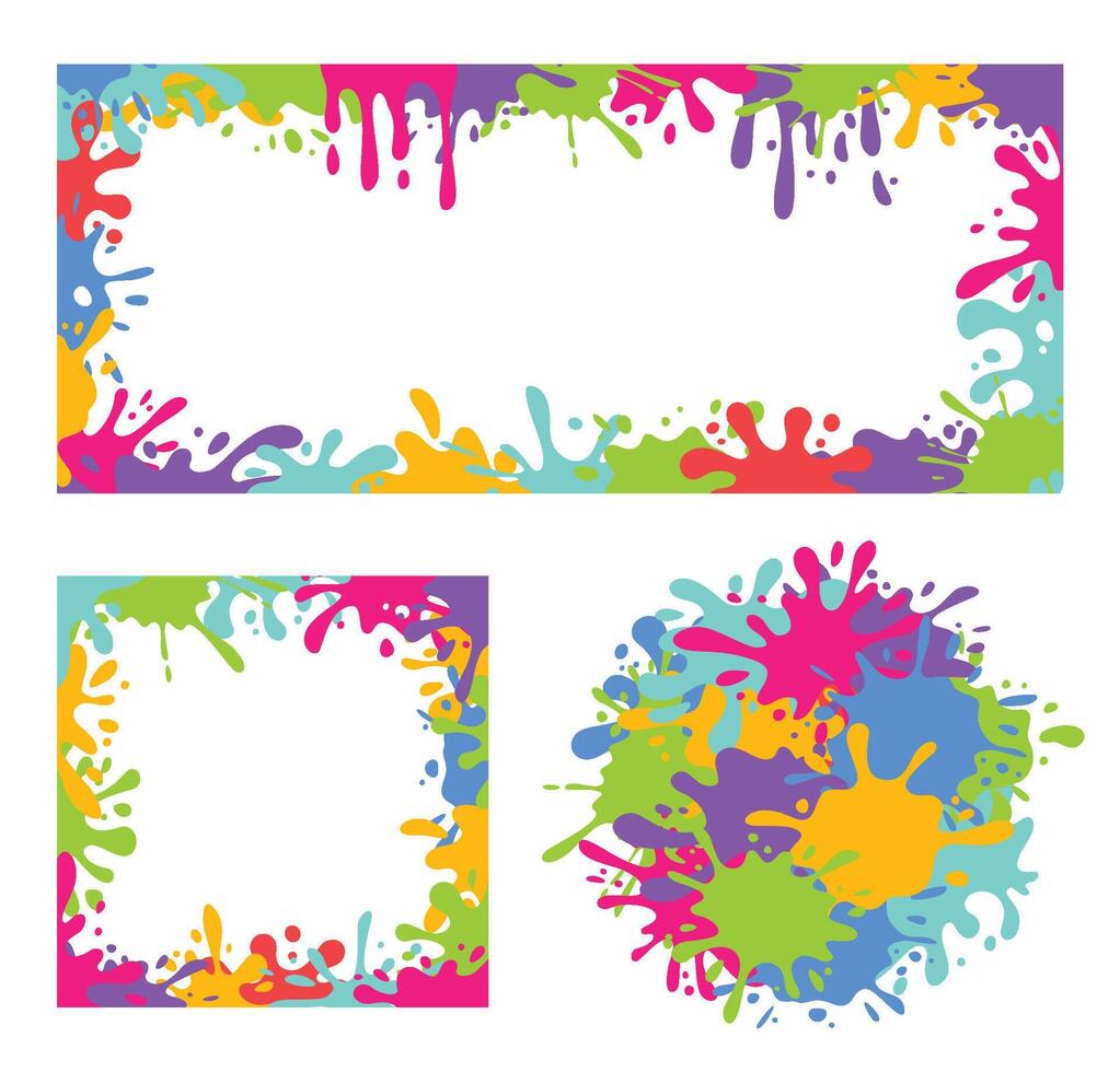 Colorful paint splash frames. Vibrant borders with multicolored splashes, dripping blot and liquid splatter. Creative splash backgrounds for banner, card and print designs set vector