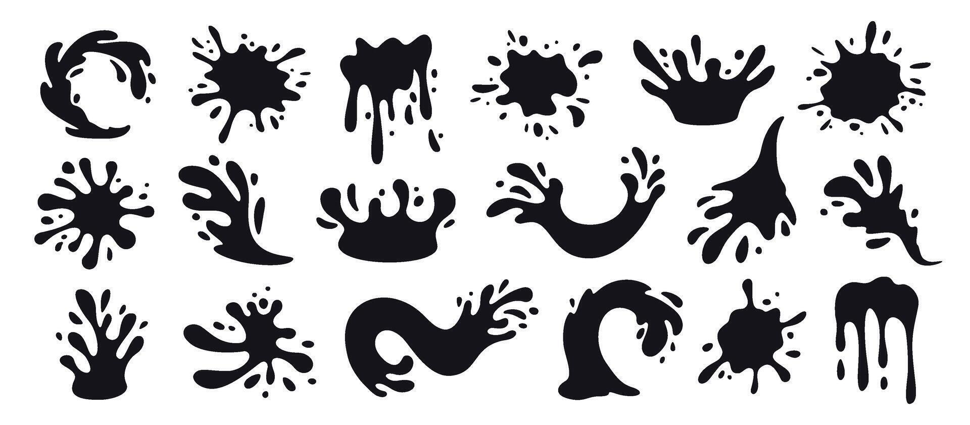 Water splash shapes with droplets. Ink splatter silhouette, paint spill, flowing fluid and liquid blots. Dynamic burst splashes hand drawn isolated set vector