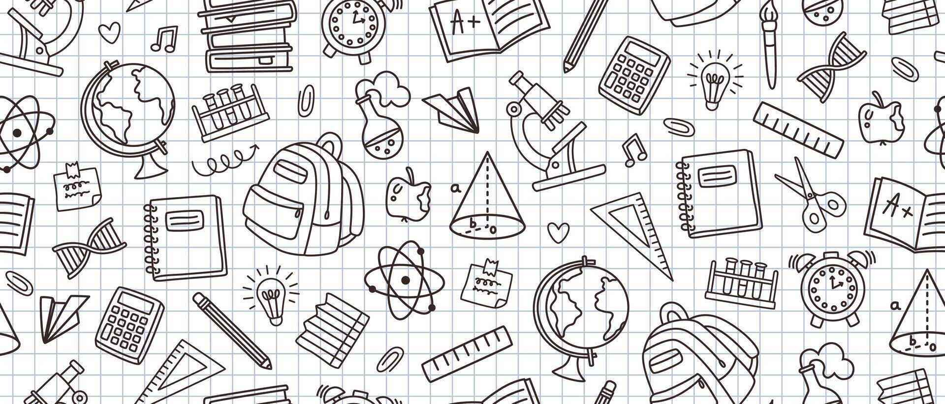 School notebook doodles pattern. Back to school background with notebooks, backpack and globe. Seamless hand drawn educational doodle for classroom decoration illustration vector