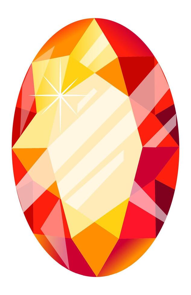Oval cut gemstone with red and yellow facets is sparkling and reflecting light, creating a luxurious and elegant image suitable for jewelry design, advertising, or other creative projects vector
