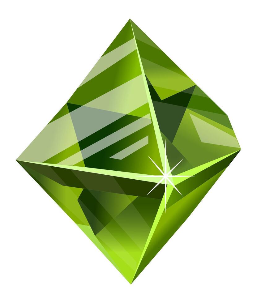Large faceted bright green gemstone shining with light reflections on a plain white background, ideal for jewelry, luxury or precious stone concepts vector