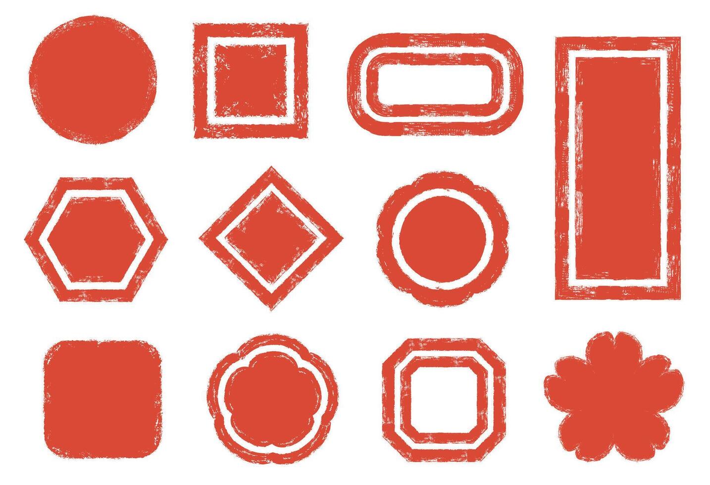 Japanese style stamp frames. Distressed terracotta stamp circle, square, lotus flower and rectangle shapes with grunge texture. Hand stamped effect border backgrounds set vector