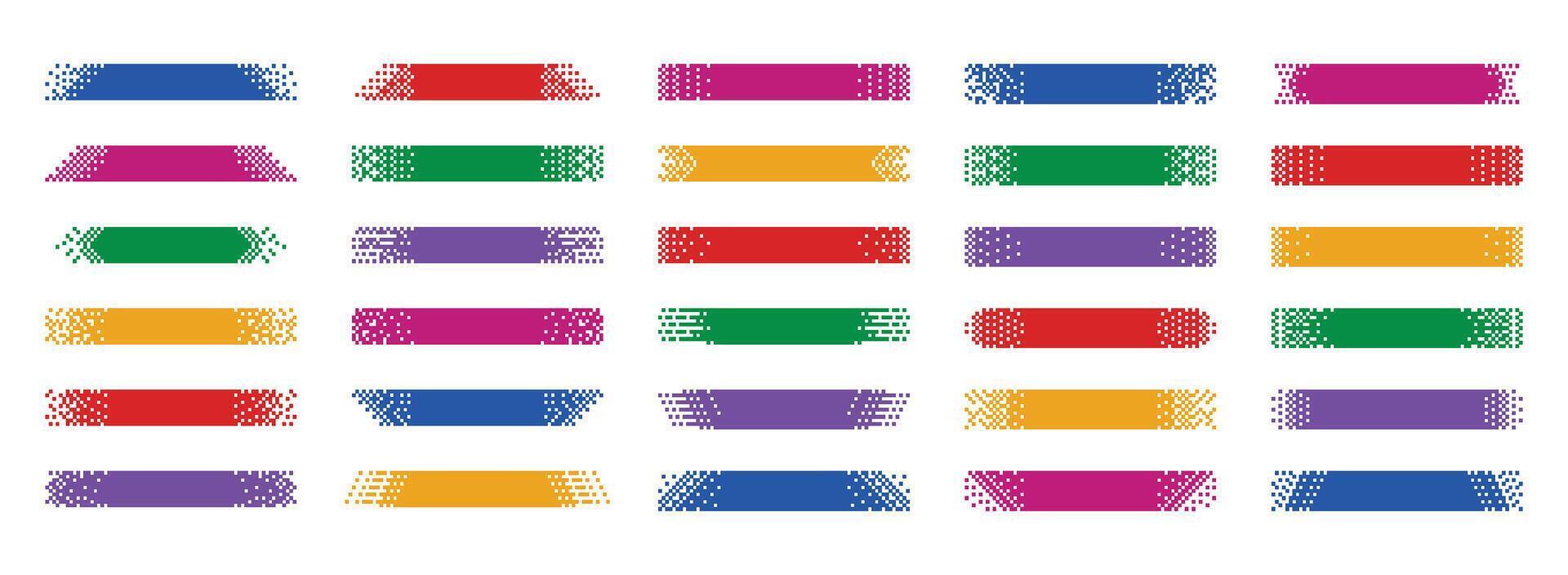 Pixel banner. Header strips with digital dotted patterns, pixelated title frames and 8 bit horizontal label backgrounds. Header and footer layout with mosaic edges isolated set vector