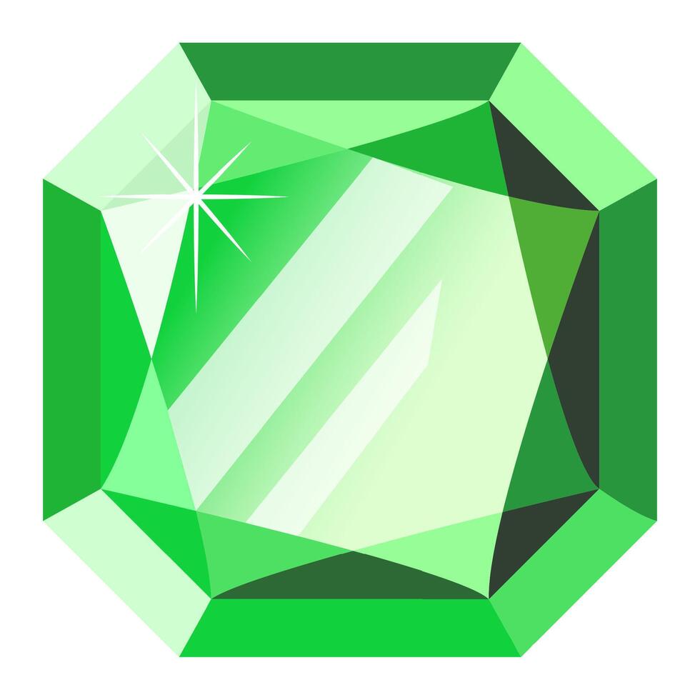 Large, sparkling green emerald gemstone reflecting light, creating a dazzling display of brilliance and vibrant color through its intricate facets, exuding luxury and elegance vector