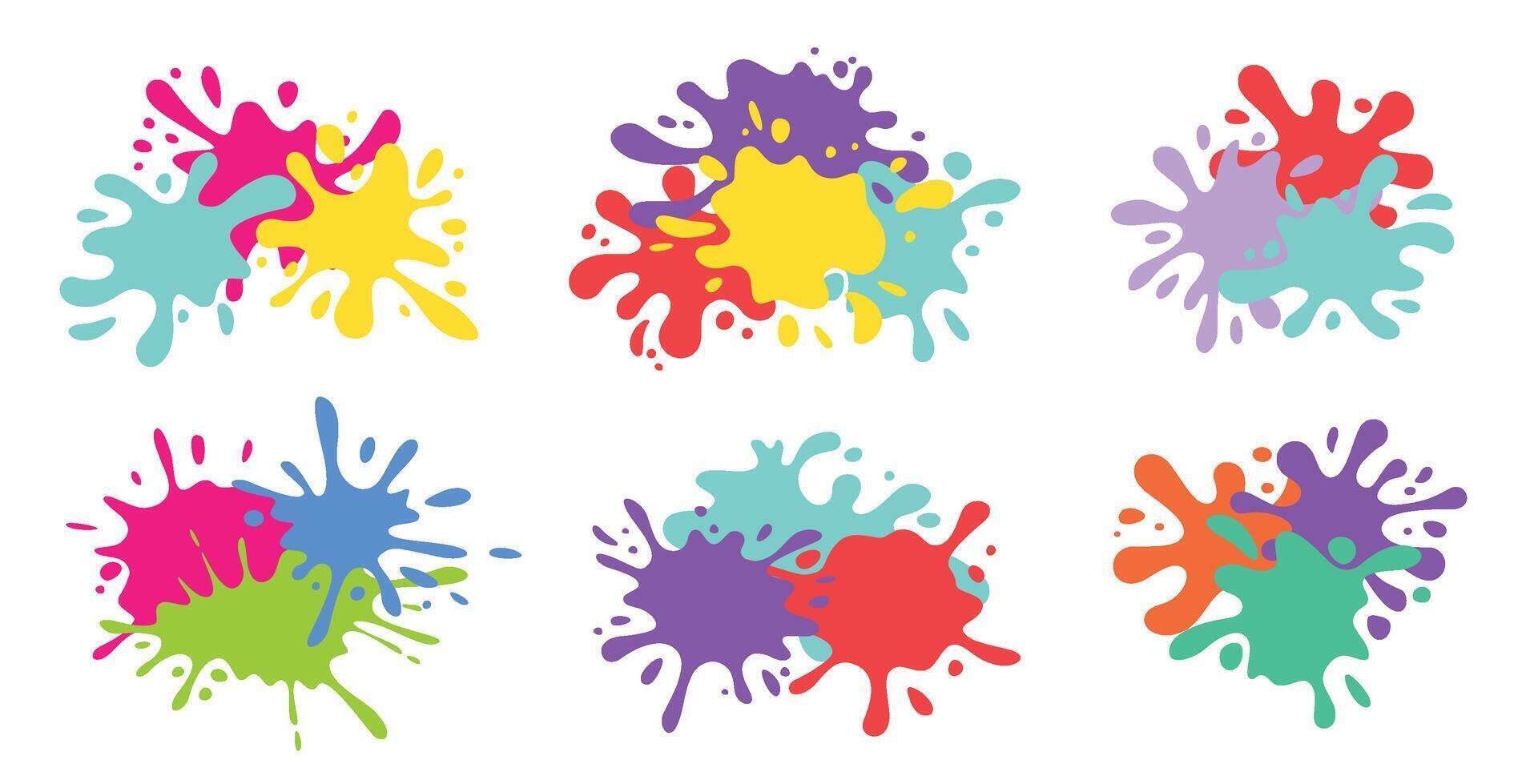 Colorful paint splashes. Color splash combinations, overlapping blots shapes, abstract ink splatter and liquid inkblots mix. Hand drawn paint drip spots set vector