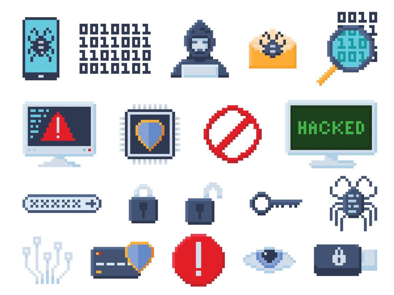 Pixel art cybersecurity icons collection vector
