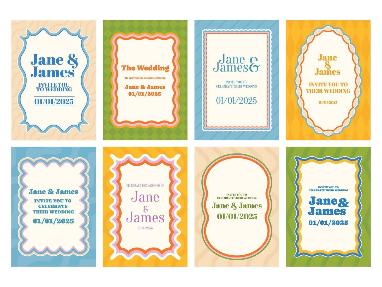 Colorful wedding invitations for Jane and James vector