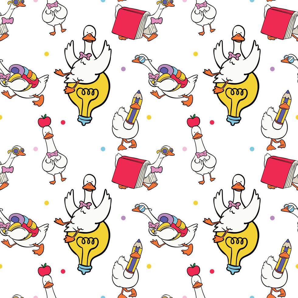 Seamless pattern silly goose cartoon character back to school actiities illustration vector
