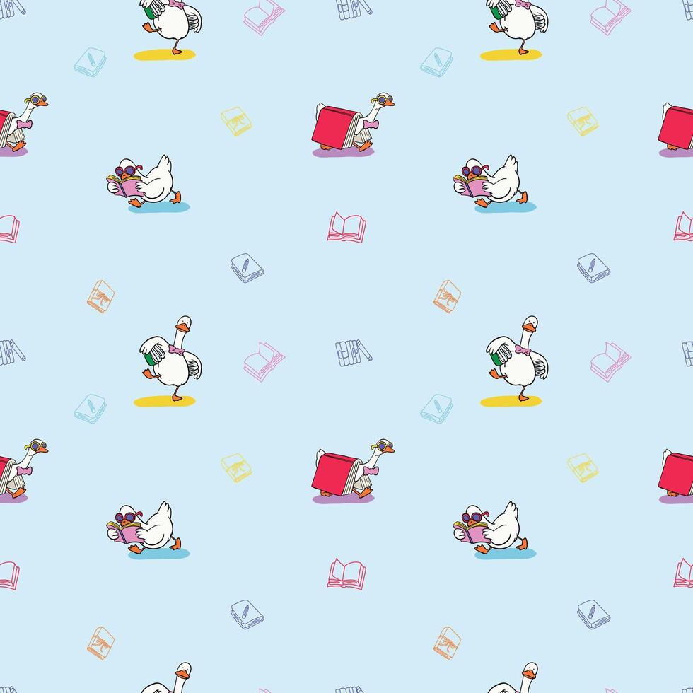 Seamless pattern silly goose cartoon back to school write and reading illustration vector