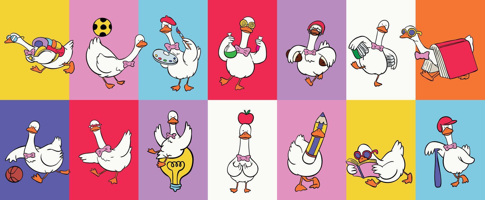 Cartoon geese having fun activities vector
