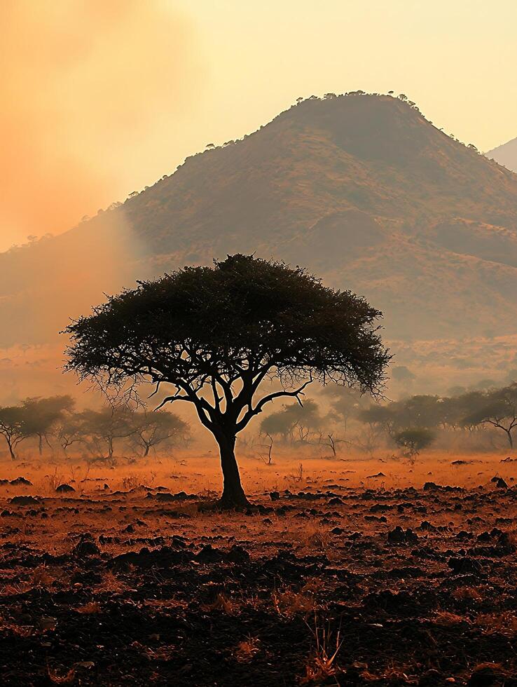 Silhouette of an acacia tree at sunset in the African savanna, dramatic landscape image. photo
