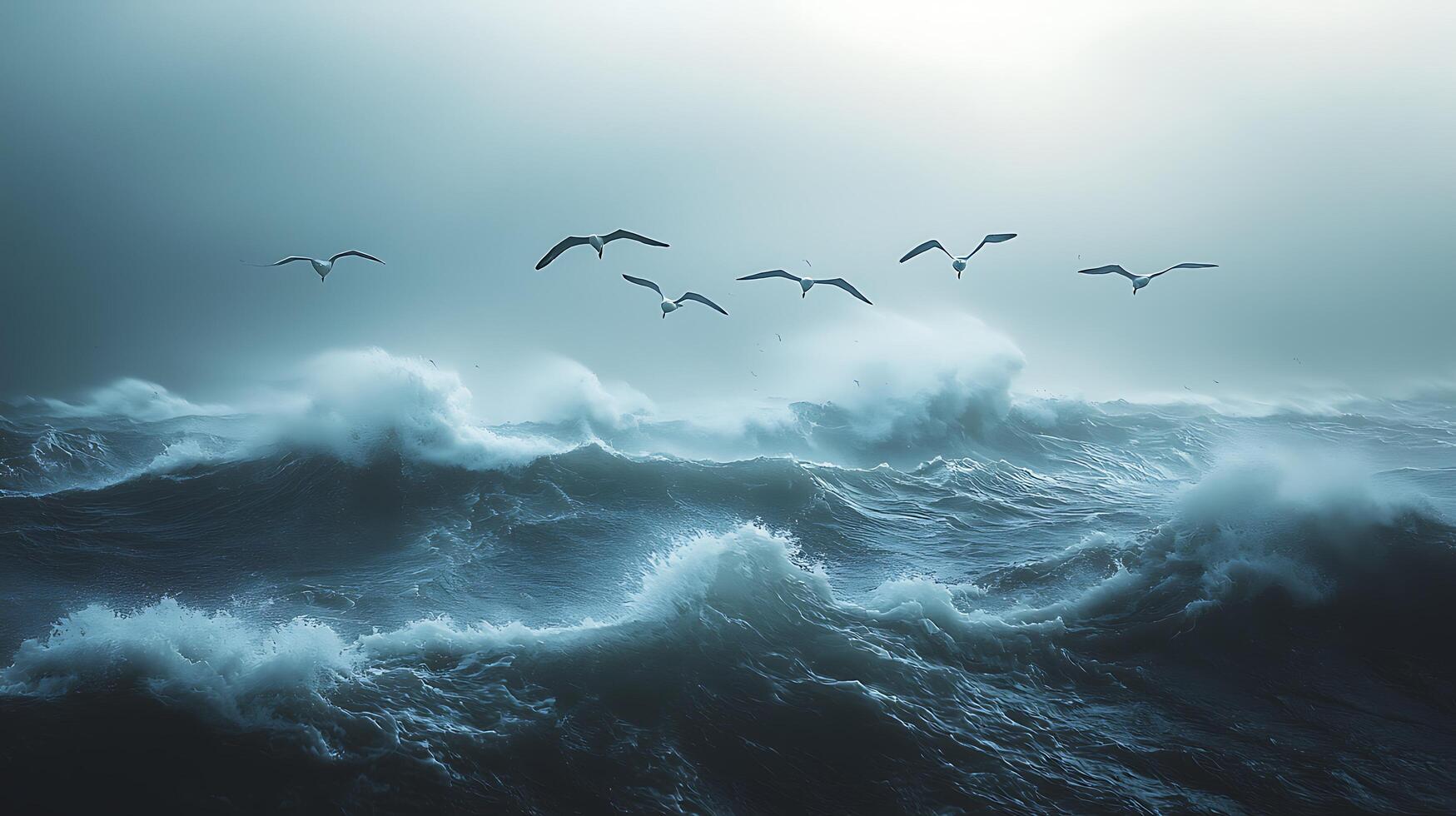 Stormy Seascape Gulls Soaring Over Turbulent Ocean Waves. photo