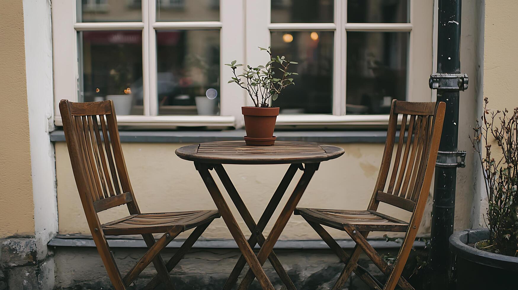Tranquil Patio Scene Wooden Table and Chairs with Plant. A peaceful outdoor setting perfect for relaxation and enjoying a moment of calm. photo