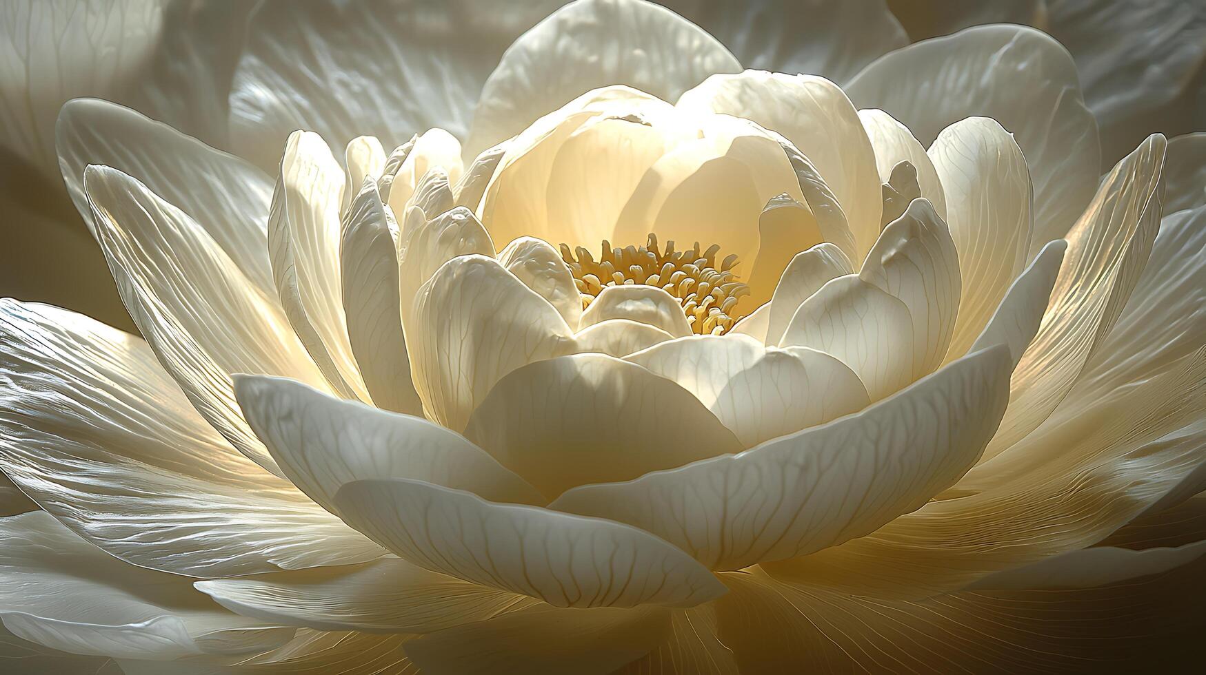Close-up of a Creamy White Lotus Blossom Illuminated by Soft Light. The image showcases the intricate details of the flower's petals and stamens. photo