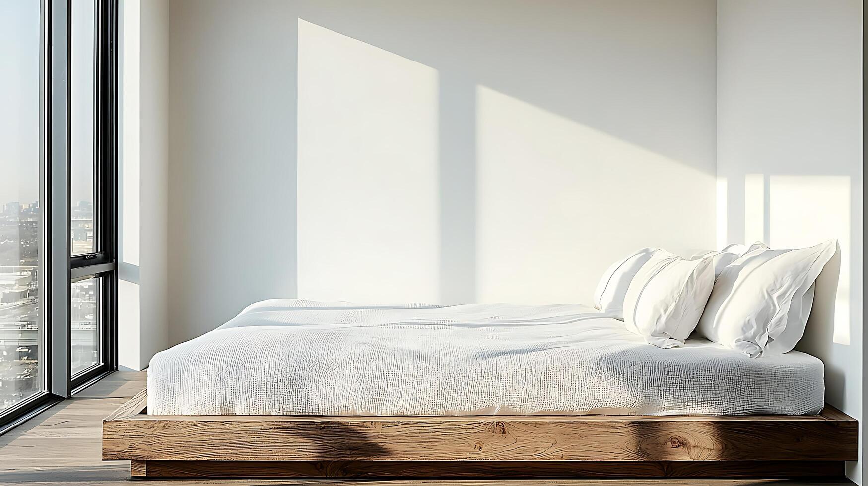 Modern Minimalist Bedroom Sunlit Platform Bed with White Linen. photo