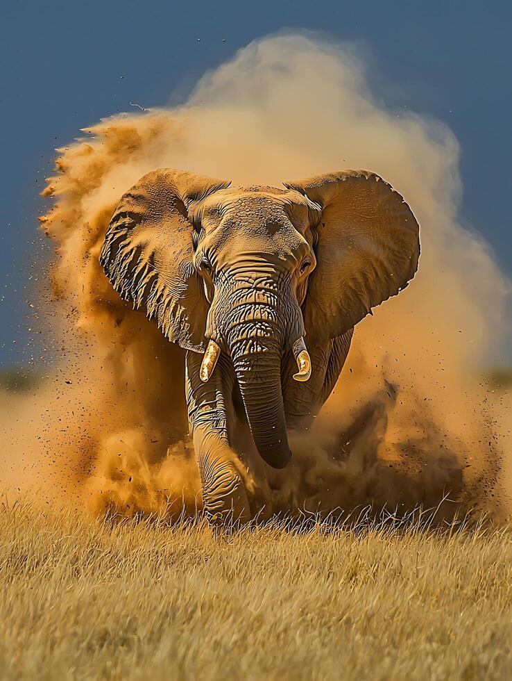 Majestic African Elephant Charging Through Dust Cloud in Savanna Grassland. A powerful image of nature's grandeur. photo