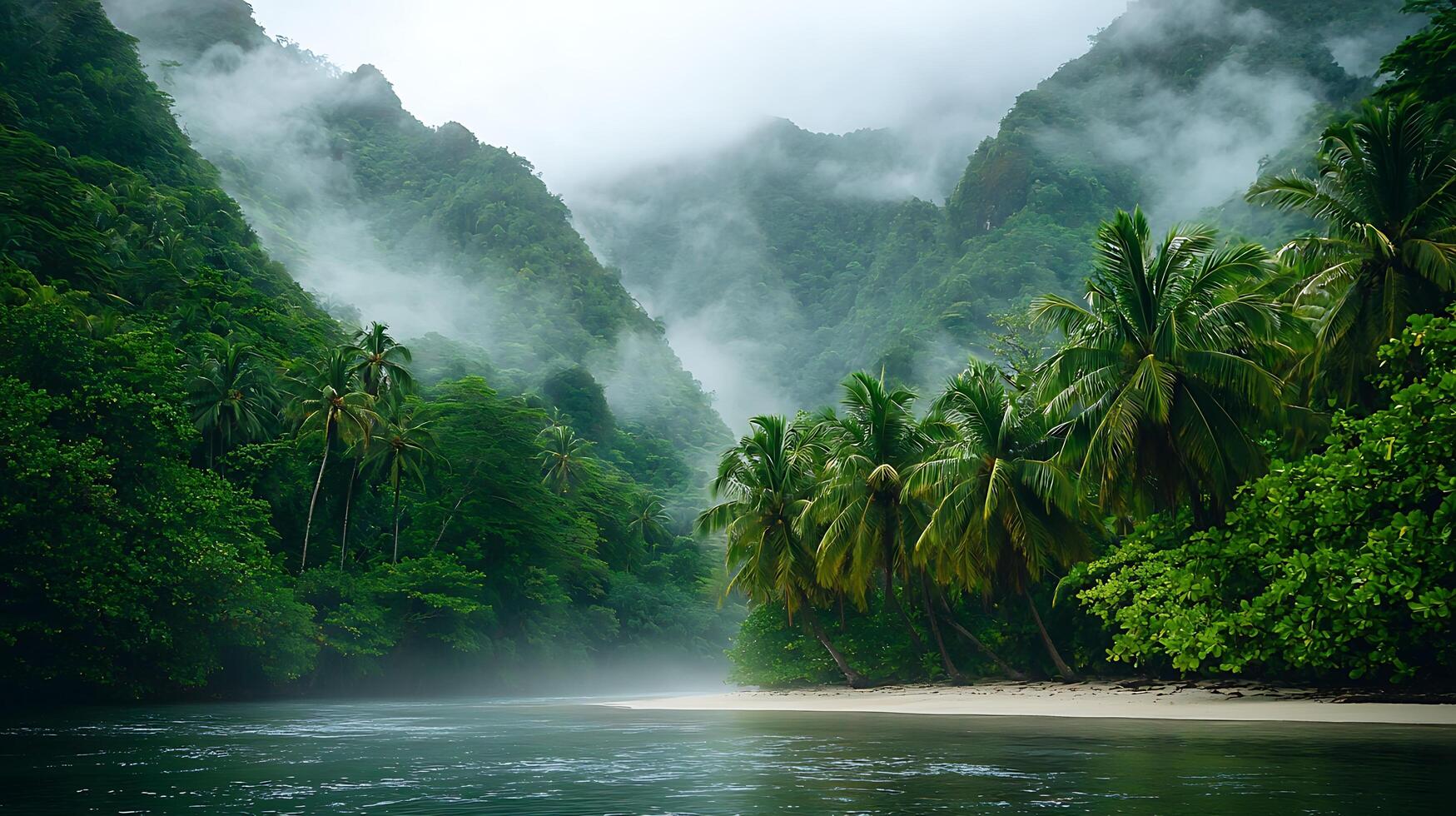 Serene Tropical Paradise Misty Mountains and Palm-Lined Shore. photo