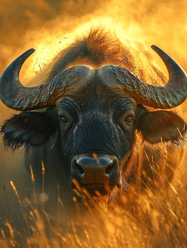 Majestic African Buffalo Bull at Golden Hour. A stunning close-up portrait of a Cape buffalo in the African savanna. photo