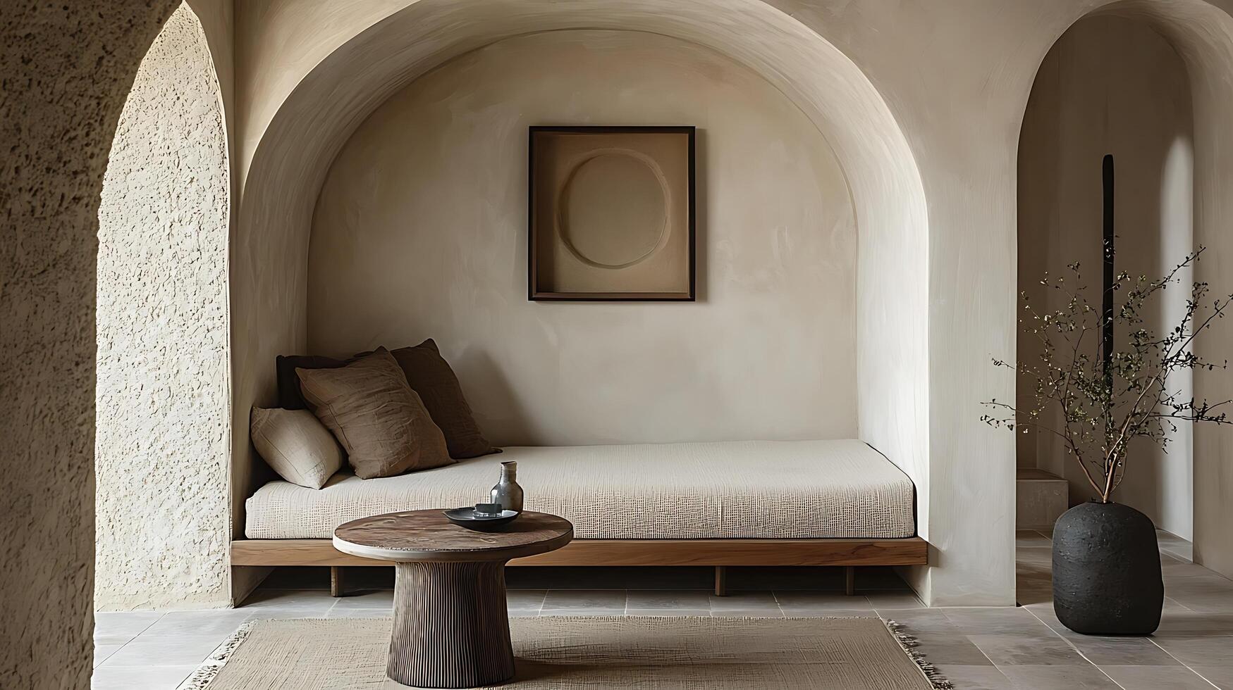 Serene Minimalist Interior Design Daybed in Arched Alcove. photo