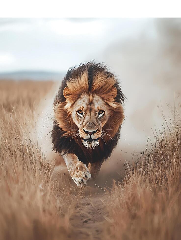 Majestic Lion Charging Across the Savannah A Powerful Wildlife Image. photo