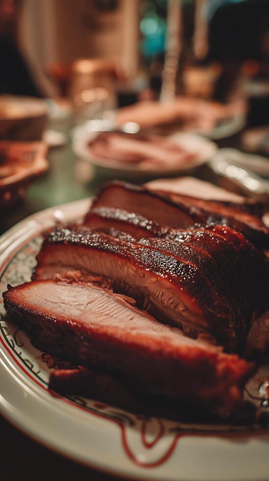 Close up of Sliced Smoked Meat on a Plate at a Dinner Gathering. photo
