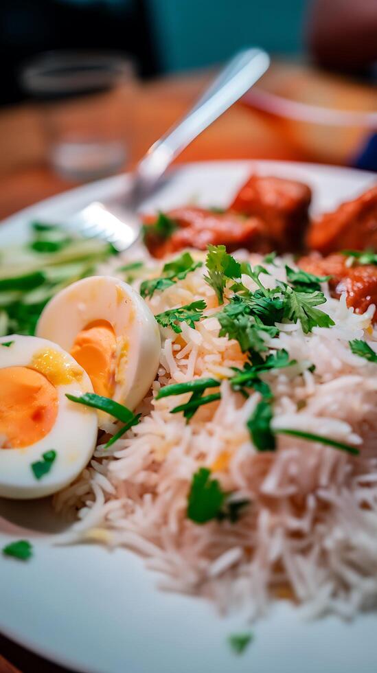 Close Up of Delicious Rice Dish with Hard Boiled Eggs and Cilantro. photo